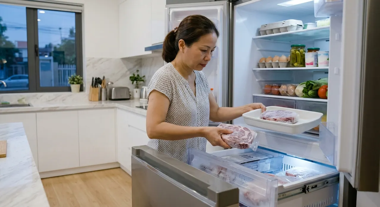 Miếng thịt được chuyển từ ngăn đá xuống ngăn mát tủ lạnh, đặt trong khay có thành cao qua đêm