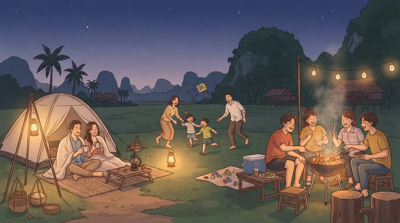 Cặp đôi, gia đình và nhóm bạn cùng vui vẻ tại khu cắm trại
