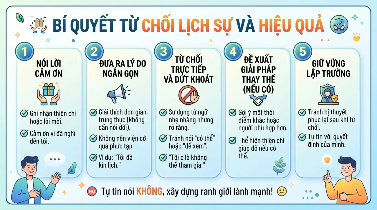 Infographic tổng hợp key takeaways về cách từ chối khéo léo