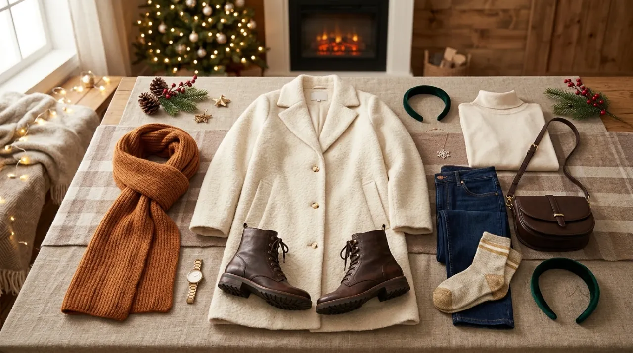 Gợi ý outfit mùa Giáng sinh với áo khoác dạ màu kem, khăn len đơn sắc và boots da