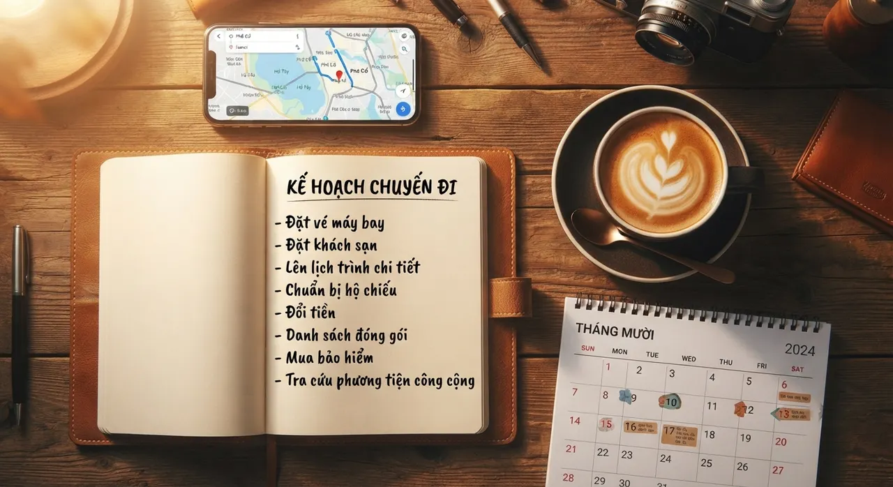 Bàn lên kế hoạch du lịch với lịch tháng 10 và sổ ghi chú