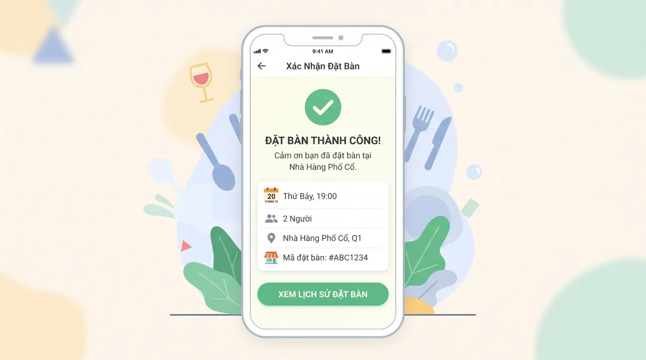 Minh họa đặt bàn nhà hàng trực tuyến trên điện thoại cho tối 20/10