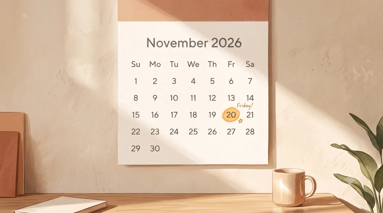 Lịch tháng 11/2026 với ngày 20/11 đánh dấu là thứ Sáu