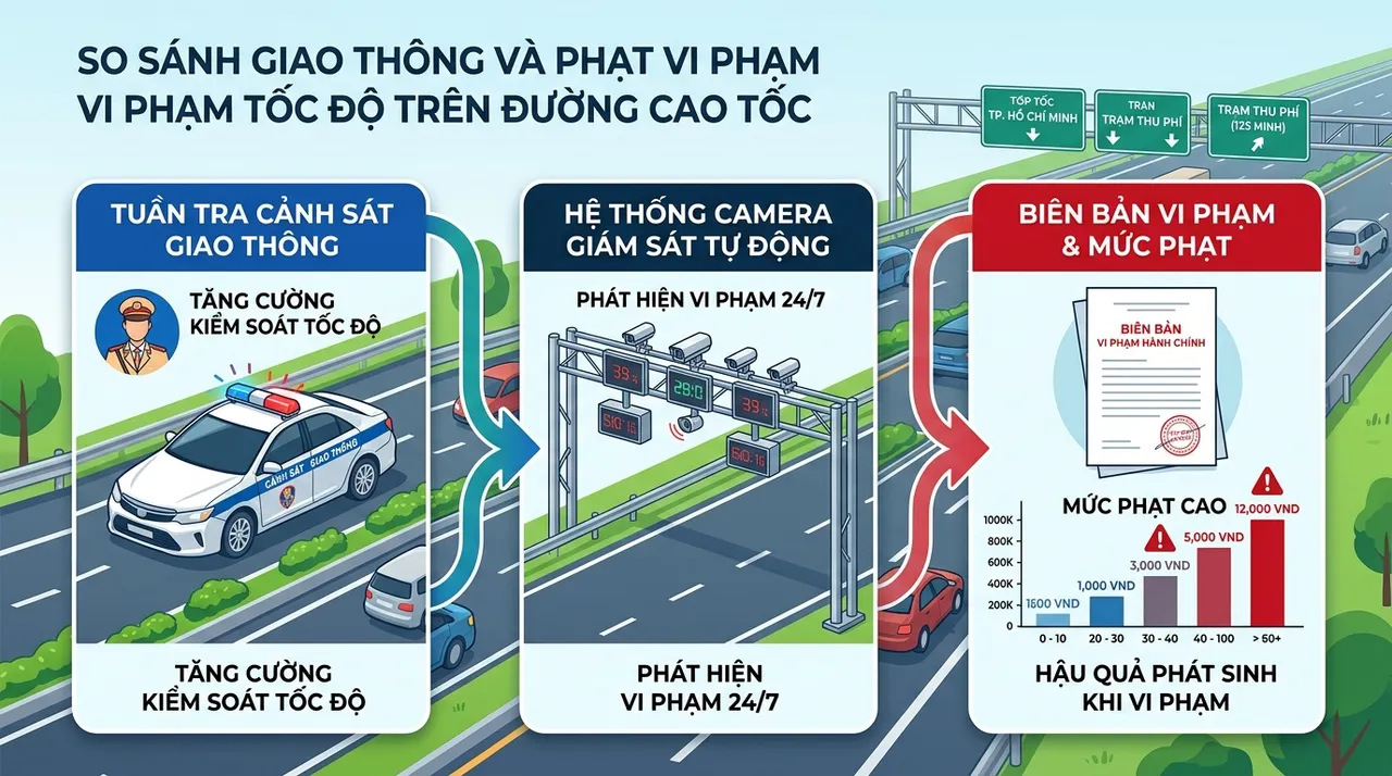 Xe cảnh sát giao thông trên cao tốc, camera bắn tốc độ và biên bản phạt nguội
