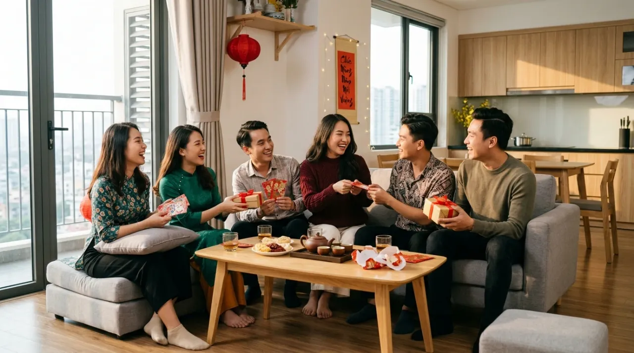 Bạn bè trao quà Tết và bao lì xì trong buổi gặp mặt