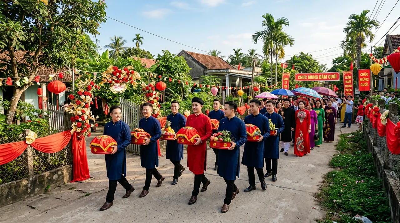 Đoàn rước dâu truyền thống với mâm quả trên đường làng