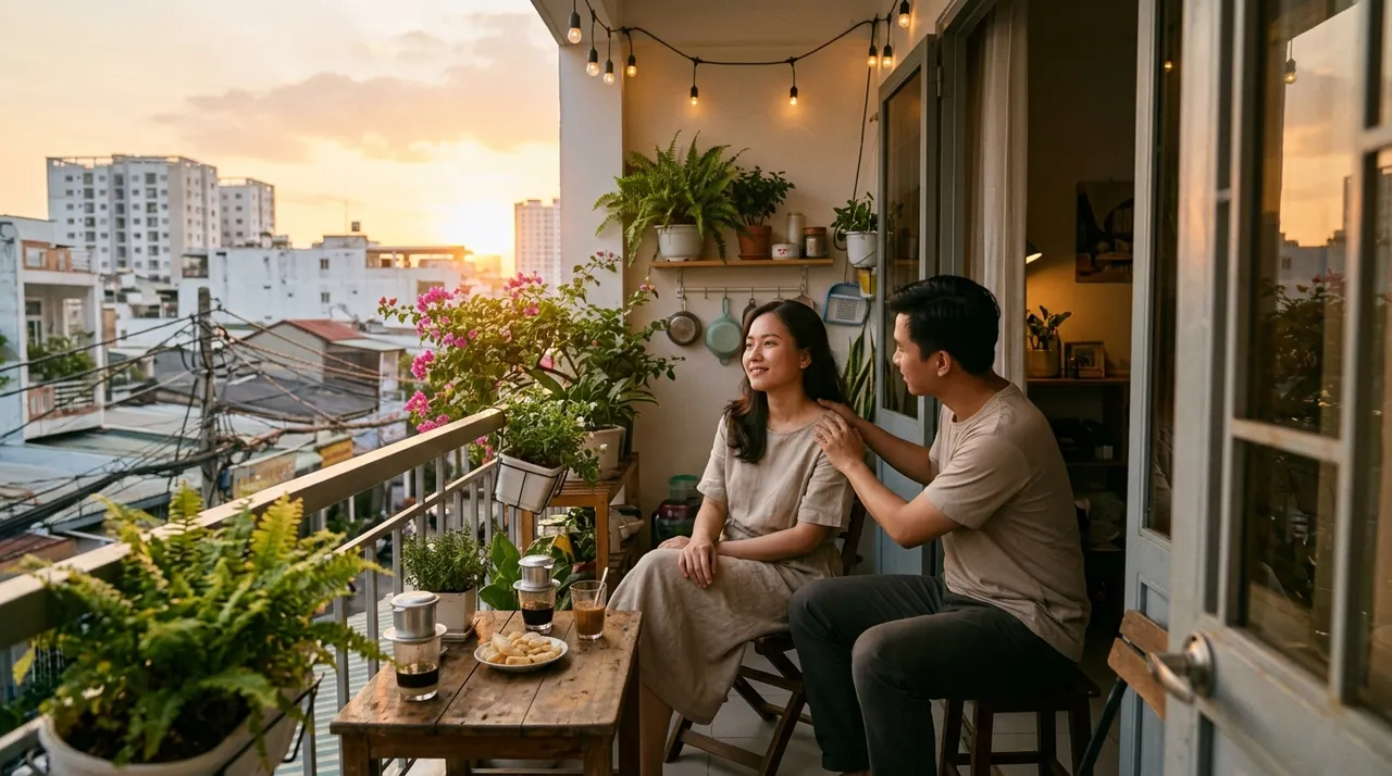 Cặp đôi Việt Nam trò chuyện buổi tối trên ban công ấm cúng