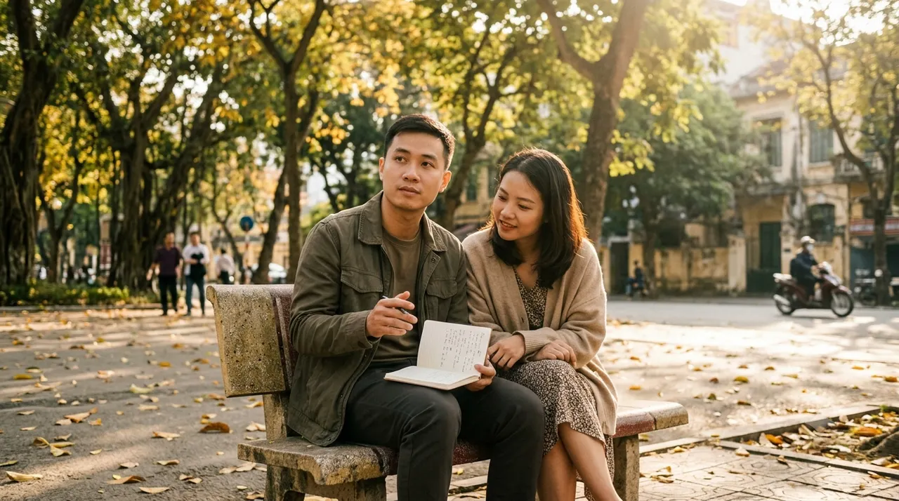 Cặp đôi ngồi bên nhau trong không khí mùa cưới cuối năm