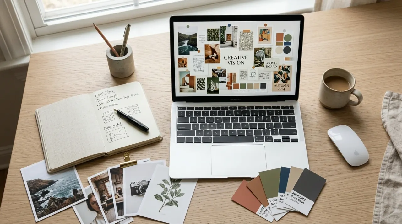 Bàn làm việc với laptop hiển thị bảng cảm hứng và các mẫu màu