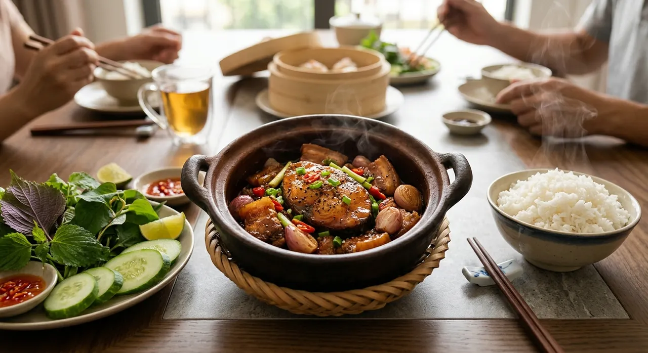 Cá kho tộ phục vụ cùng cơm nóng