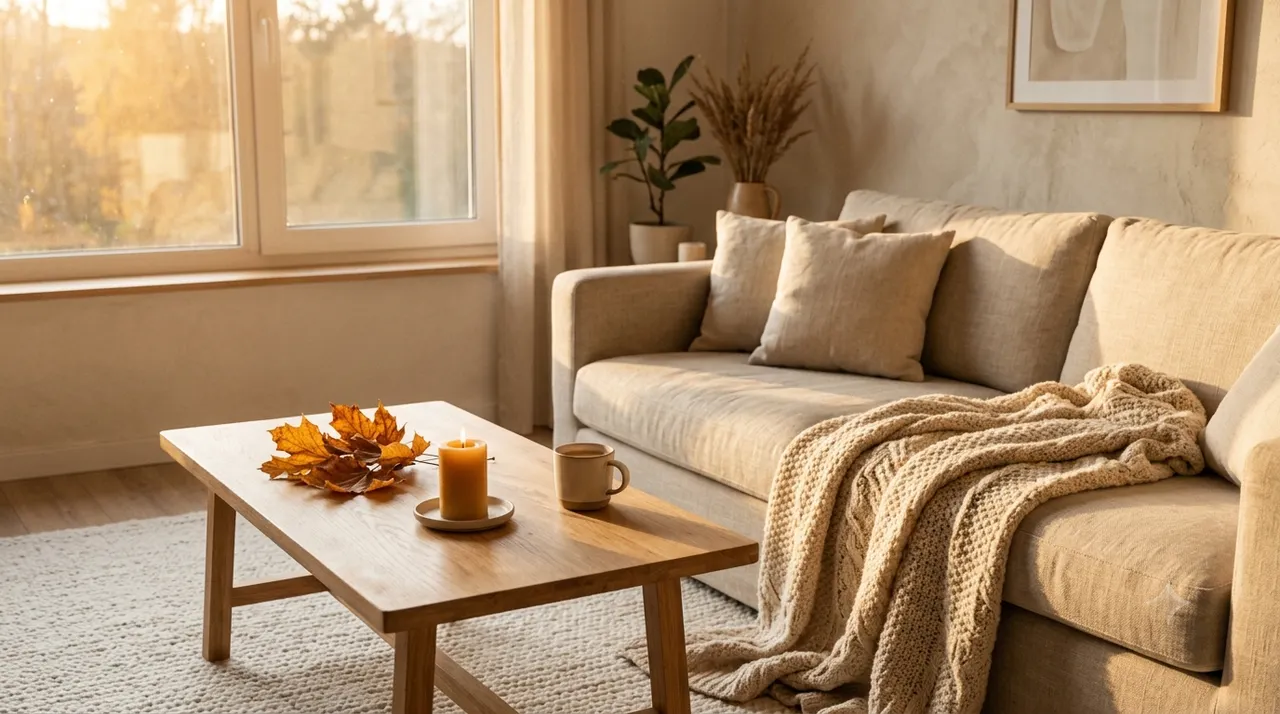 Không gian phòng khách ấm cúng phong cách autumn với nến và chăn len