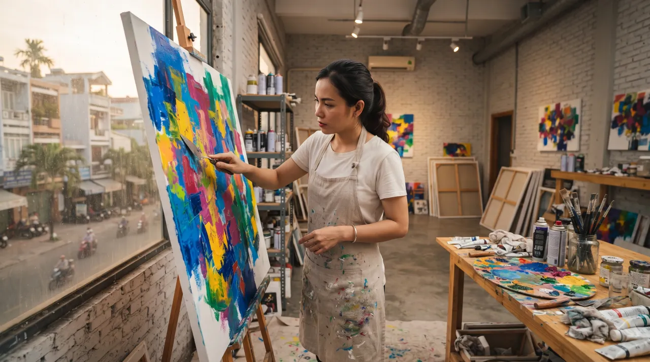 Người tham gia dùng bay kéo màu acrylic lên canvas
