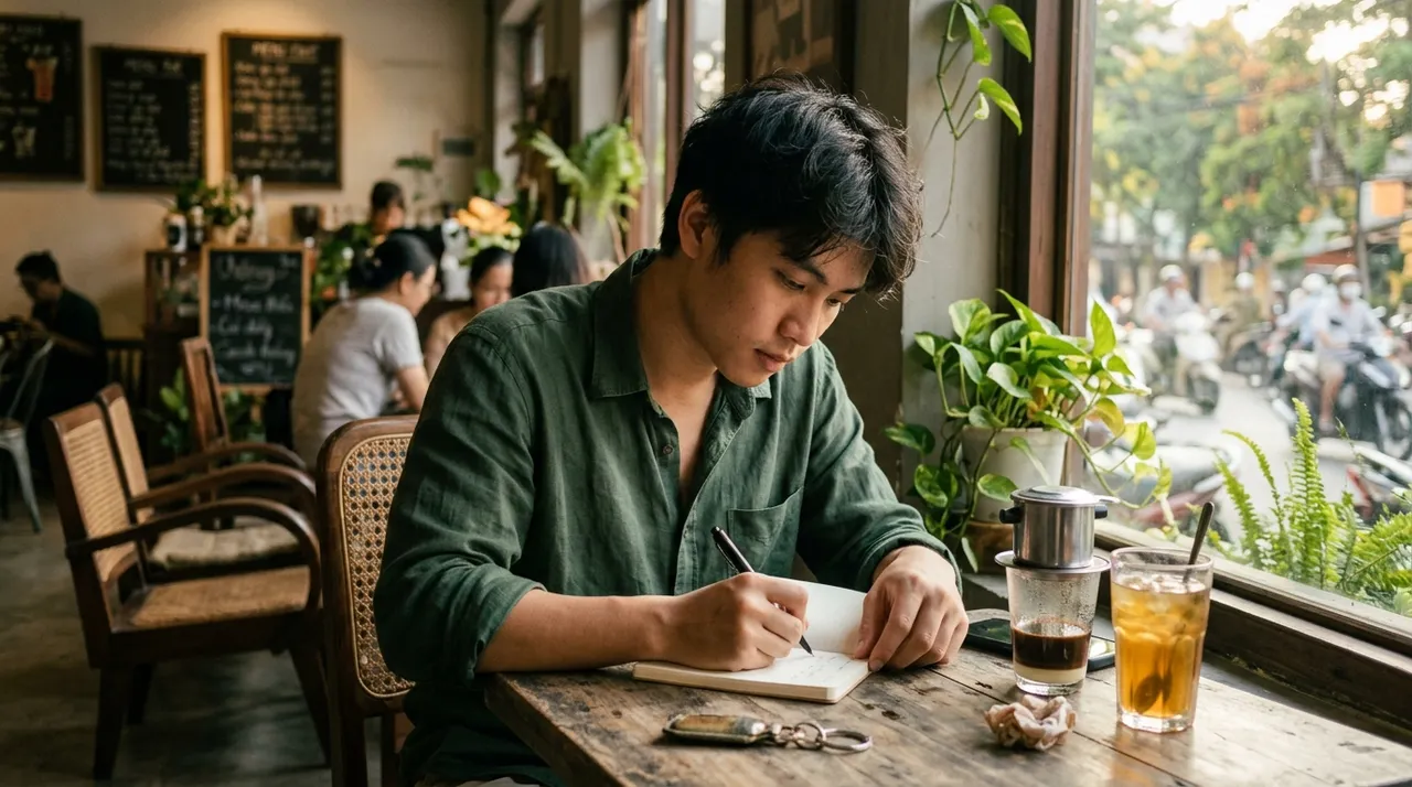 Một chàng trai trẻ ngồi viết nhật ký tại quán cà phê