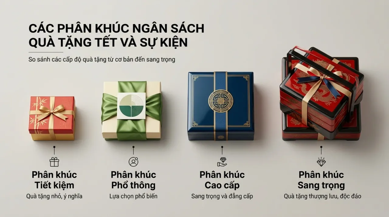 Bốn hộp quà kích thước khác nhau đại diện cho các mức ngân sách
