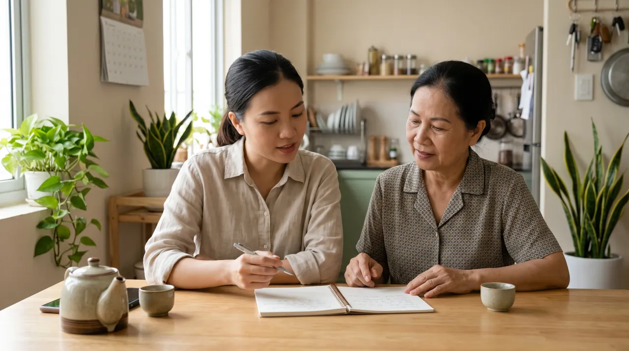 Hai mẹ con trao đổi việc nhà tại bàn bếp