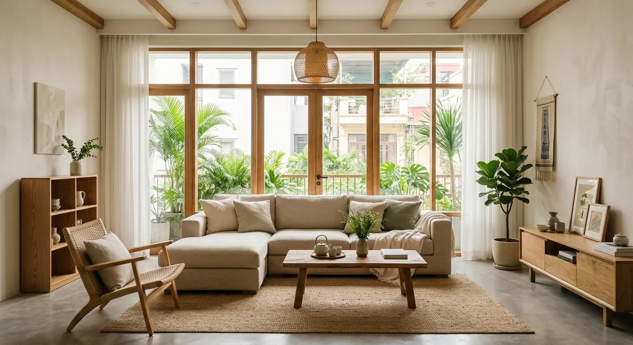 phòng khách phong cách Quiet Luxury với tông màu trung tính và ánh sáng tự nhiên