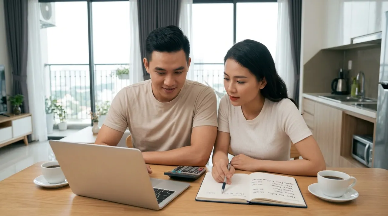 Cặp đôi tính ngân sách cưới trên máy tính và sổ tay