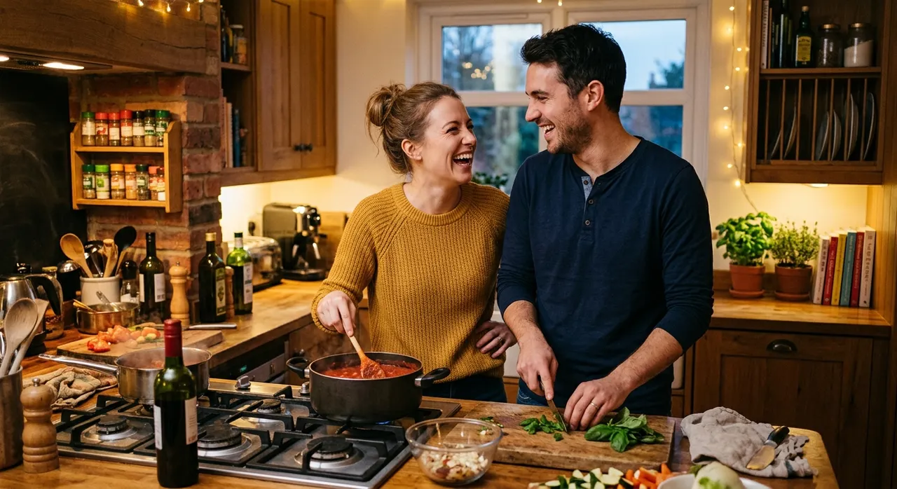A long-term couple sharing a happy moment at home on Women's Day