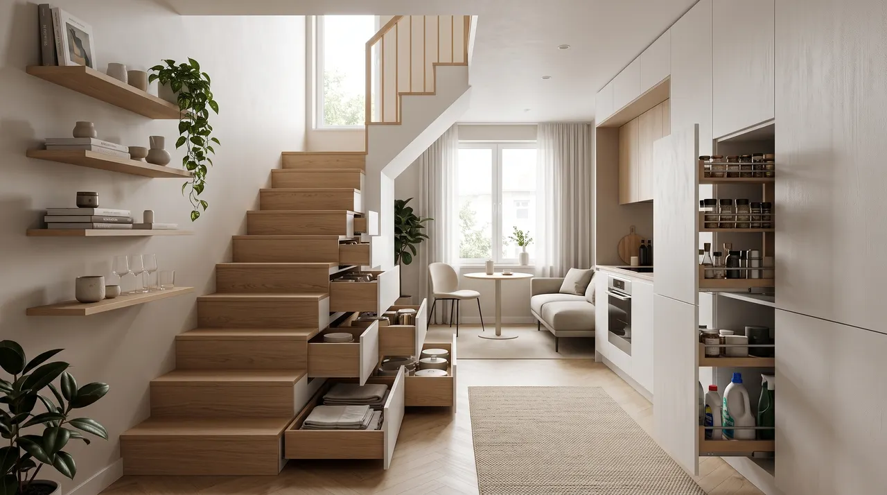 Giải pháp lưu trữ thông minh tận dụng gầm cầu thang và khoảng tường trong căn hộ nhỏ
