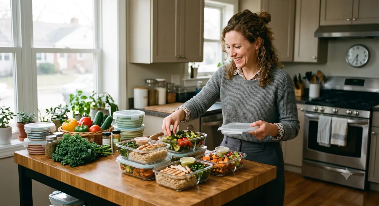 Người phụ nữ sắp xếp hộp meal prep đầy màu sắc