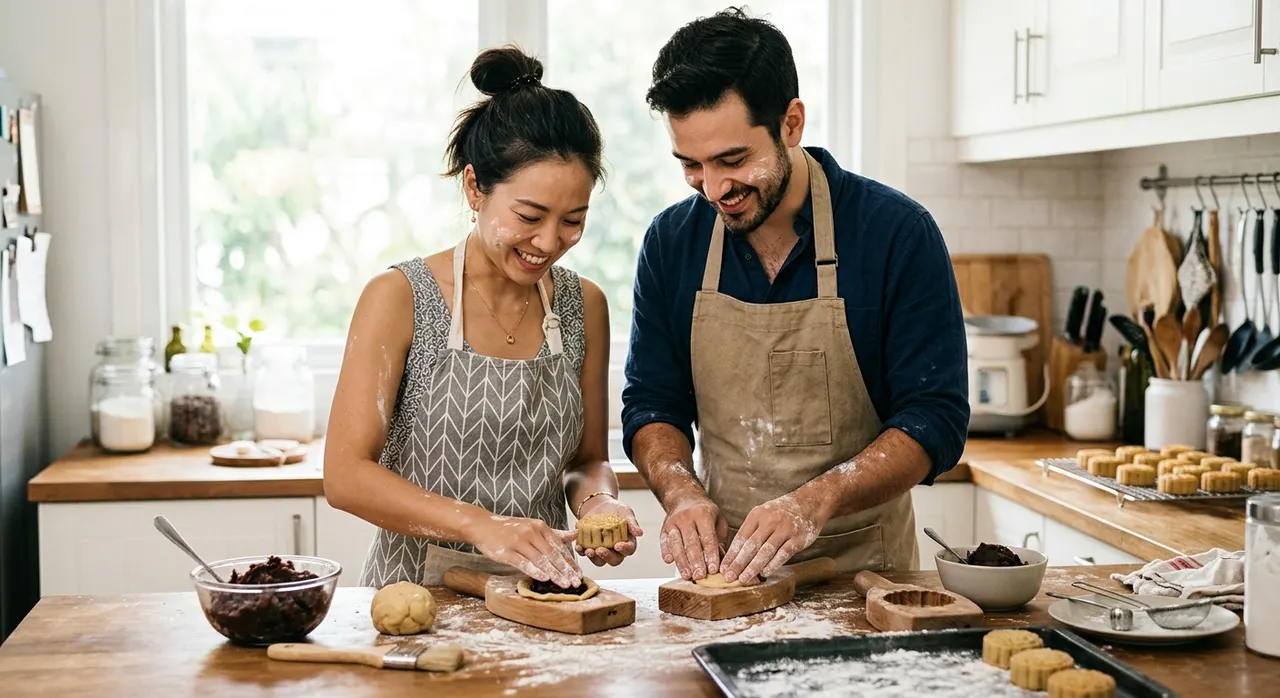 Cặp đôi làm bánh trung thu tại workshop