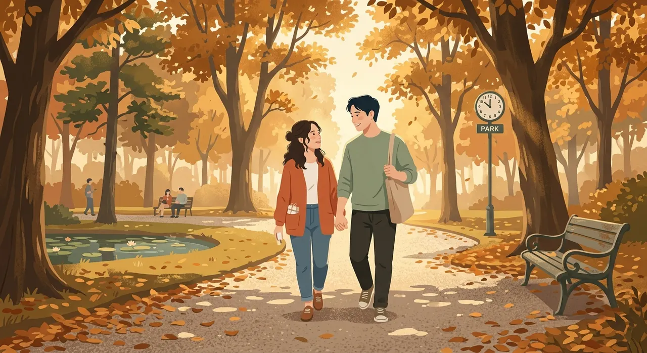 Hai người nắm tay đi dạo trên con đường có hàng cây