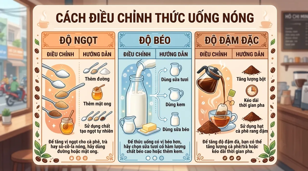 Bảng so sánh cách chỉnh độ ngọt, độ béo và độ đậm của đồ uống ấm