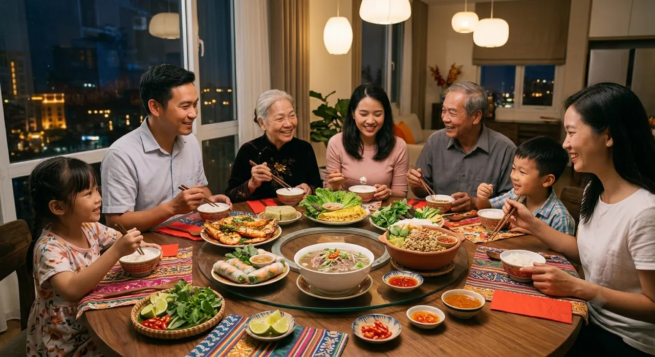 Bàn tiệc hiện đại với món ăn pha trộn vùng miền