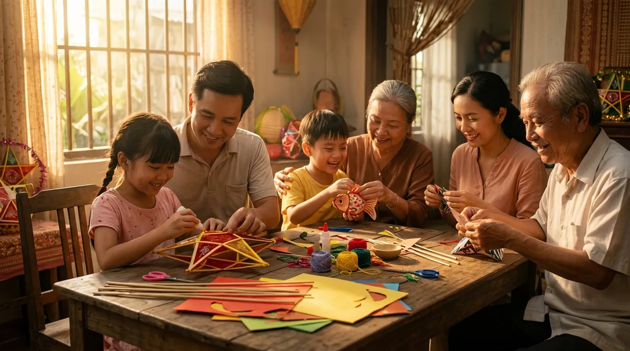 Gia đình cùng nhau làm lồng đèn giấy chuẩn bị đón Trung Thu