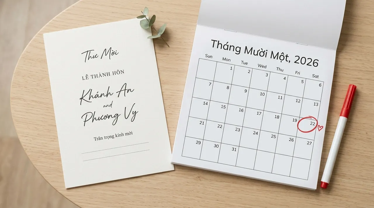 Thiệp cưới và lịch giấy với ngày cưới được đánh dấu