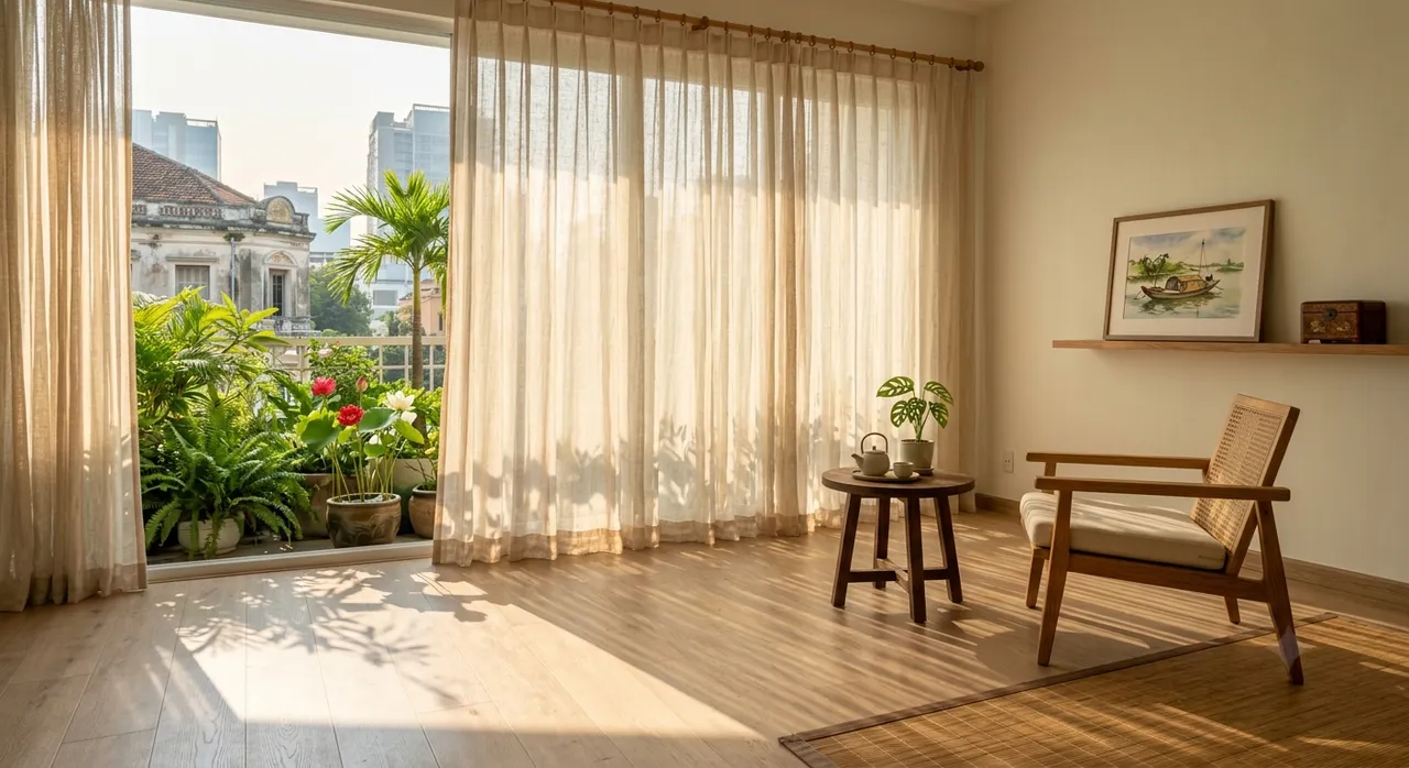 Ánh sáng tự nhiên qua rèm sheer trong không gian Minimalist