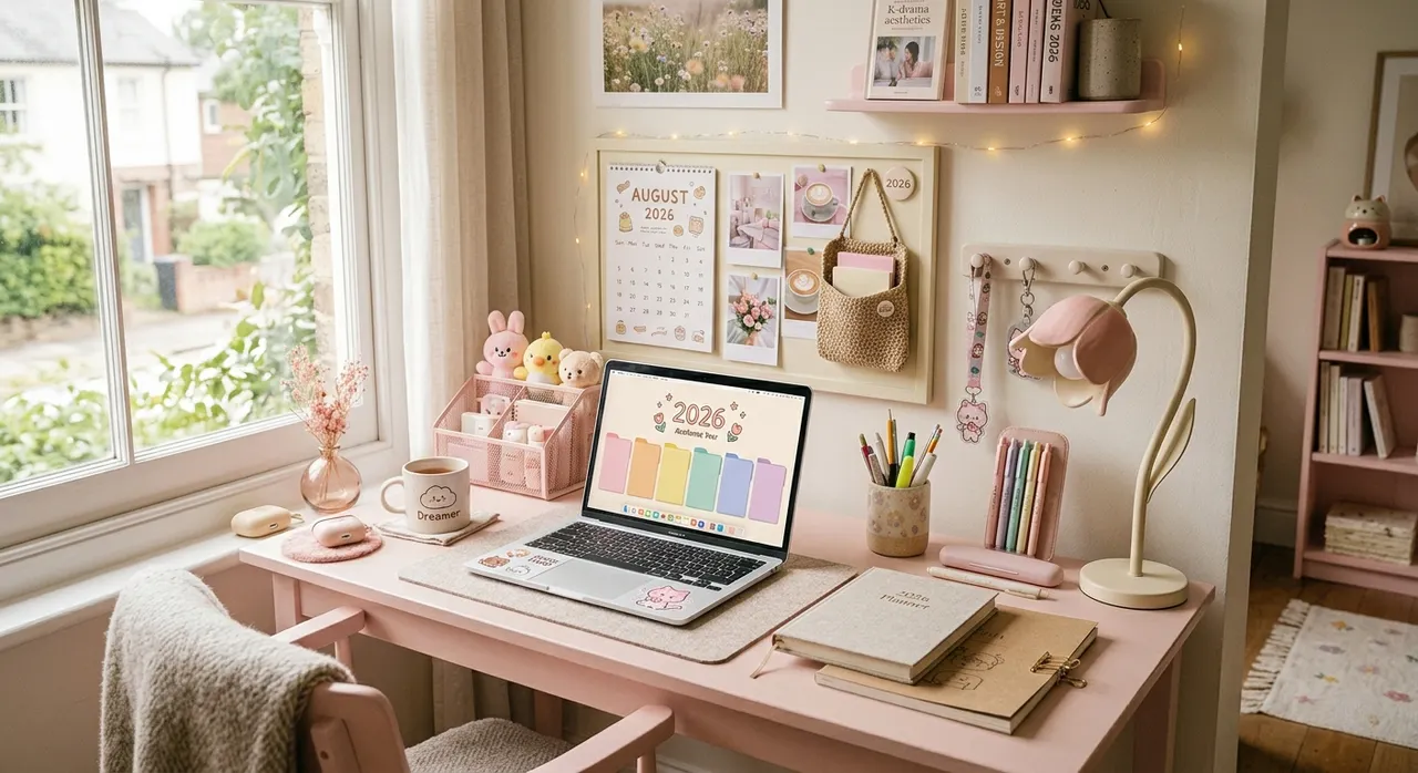 Bàn học phong cách Hàn Quốc tông pastel với sticker và gấu bông nhỏ