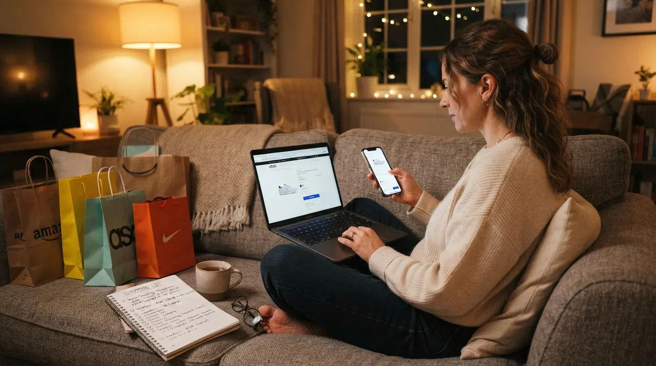 Một người ngồi so sánh giá trên laptop và điện thoại trước khi mua sắm Black Friday
