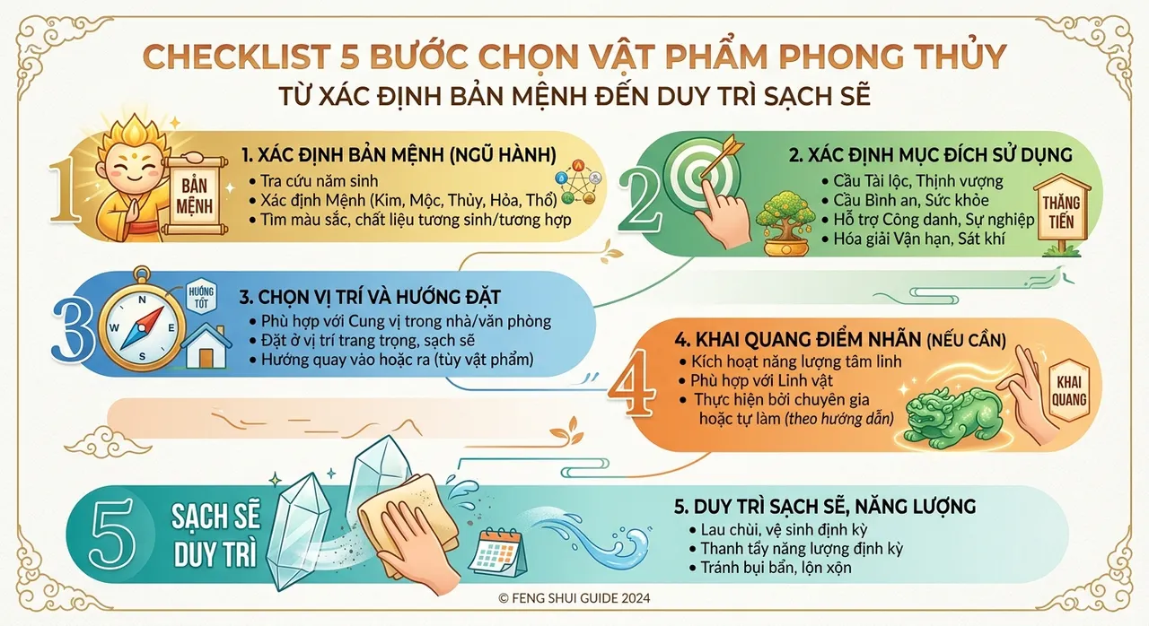 Checklist 5 bước chọn vật phẩm phong thủy năm 2026