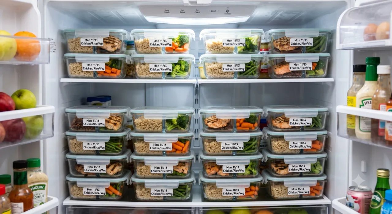 Hộp meal prep thủy tinh được sắp xếp gọn gàng trong tủ lạnh