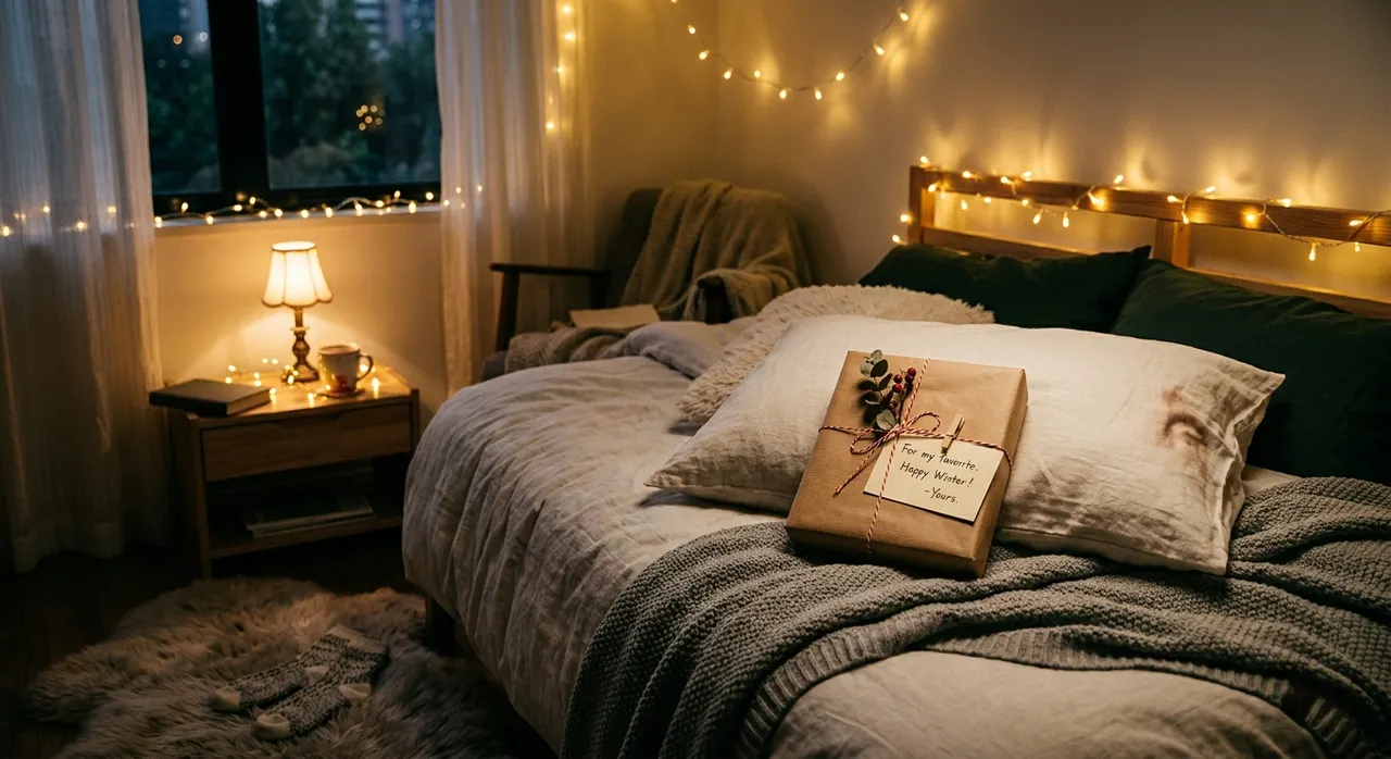 Món quà nhỏ kèm thiệp đặt trên gối trong phòng ngủ ấm cúng