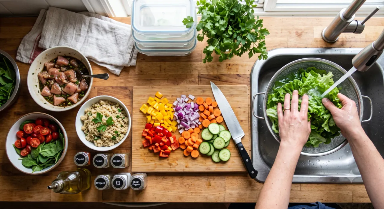 Quy trình nấu nướng meal prep với nguyên liệu đã sơ chế sẵn