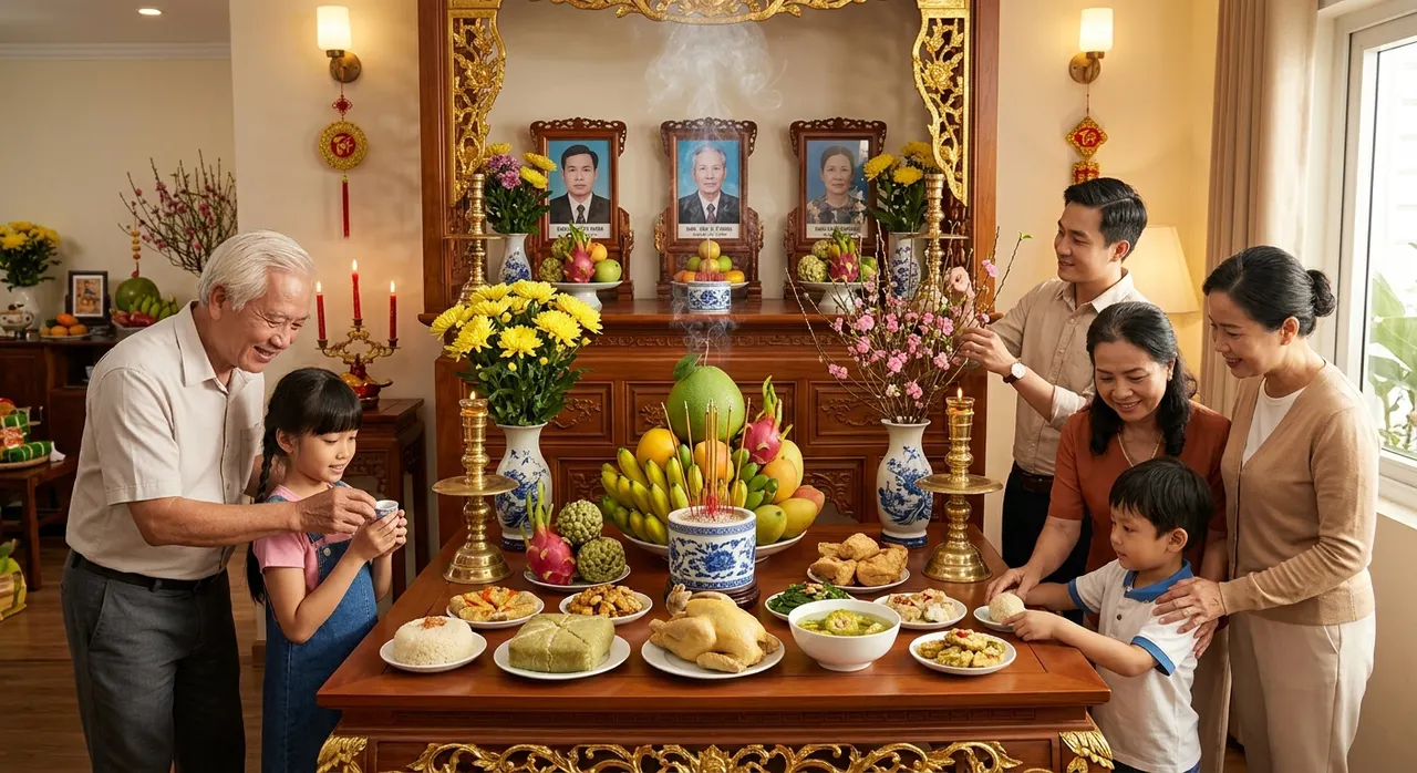gia đình quây quần bên bàn thờ Rằm tháng 9