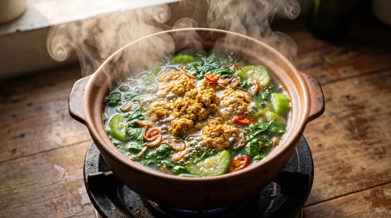 nấu canh cua rau đay trên bếp