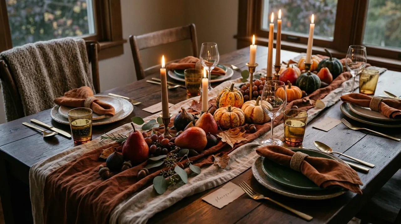 Bàn ăn autumn ấm cúng với ánh sáng ấm và khăn trải bàn tone đất