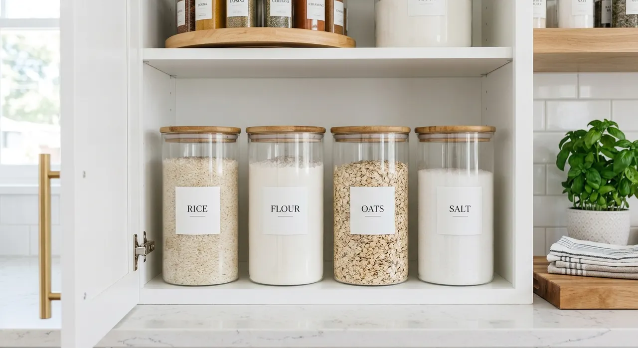 dán nhãn hộp đựng thực phẩm trong tủ bếp