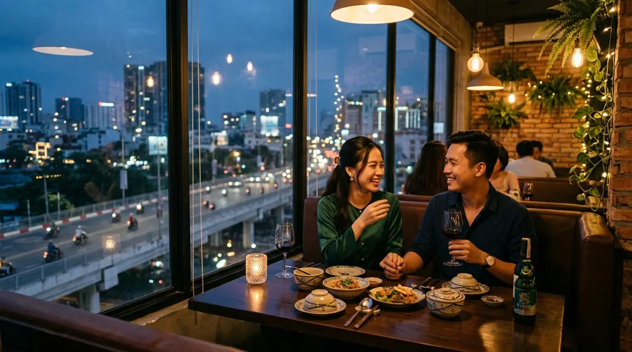 Cặp đôi Việt Nam ăn tối Chủ nhật Valentine trong nhà hàng ấm cúng