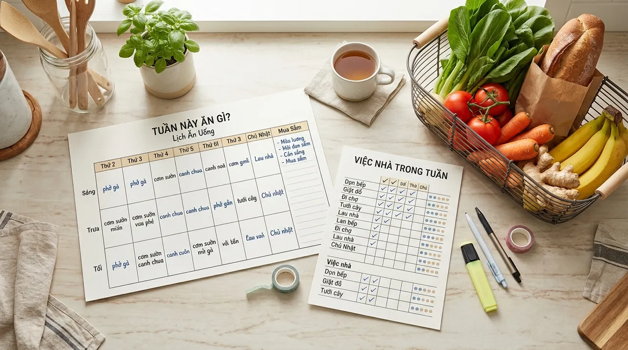 Bảng thực đơn tuần và danh sách việc nhà bày trên bàn bếp