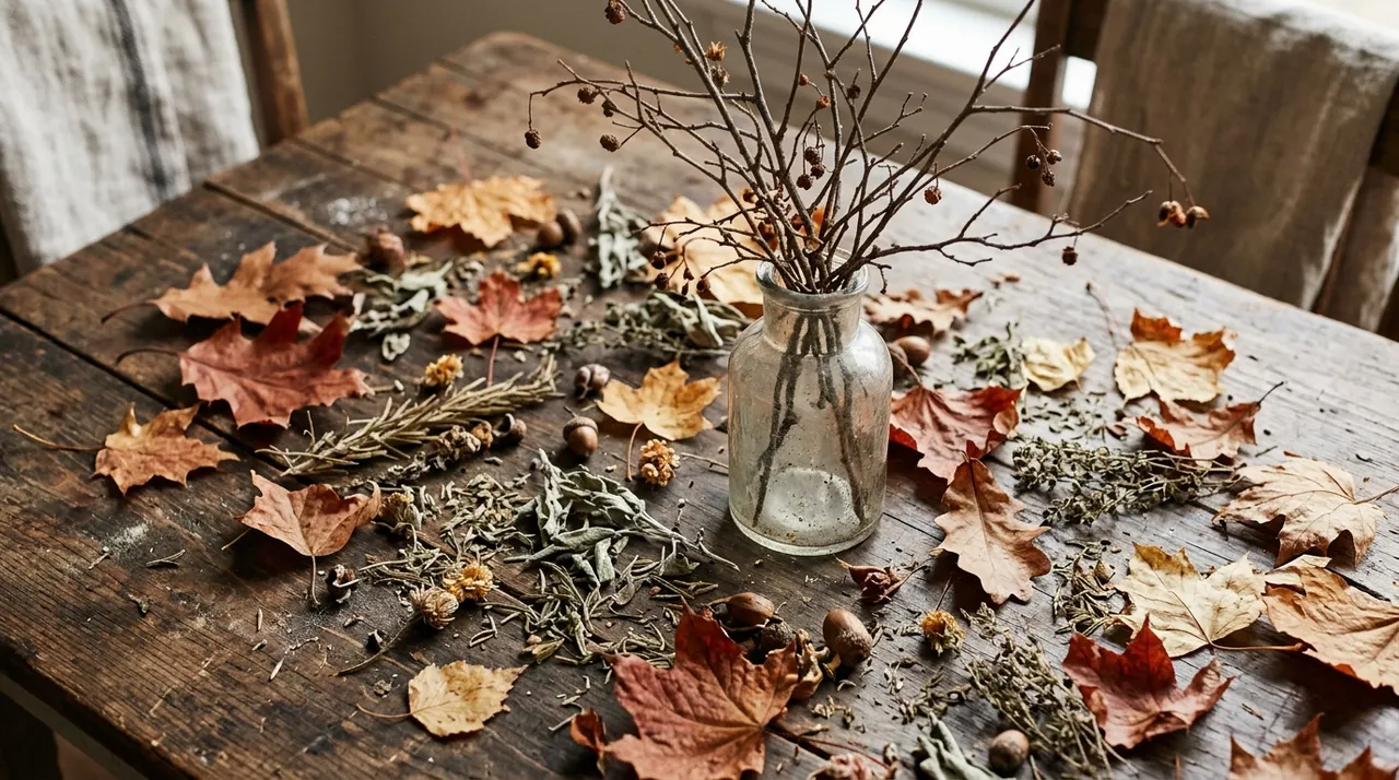 Lá autumn sấy khô và thảo mộc trang trí bàn ăn
