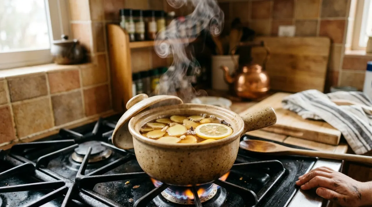 Nồi nhỏ nấu trà gừng với lát gừng và lát chanh