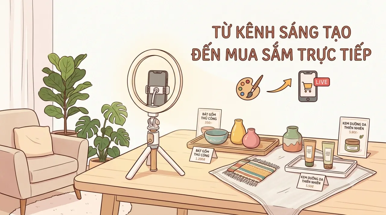Buổi livestream bán hàng đơn giản tại nhà với điện thoại, đèn sáng và sản phẩm trên bàn