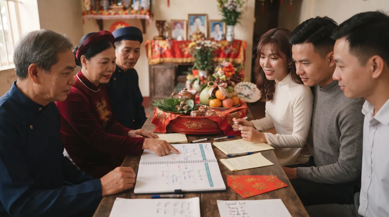 Hai bên gia đình thống nhất kế hoạch đám cưới trong lúc trò chuyện sau lễ dạm ngõ