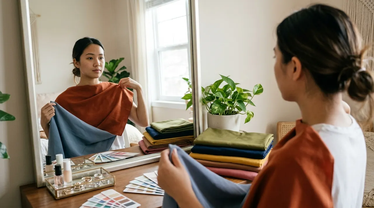 Thử nghiệm màu vải trước gương để xác định mùa màu