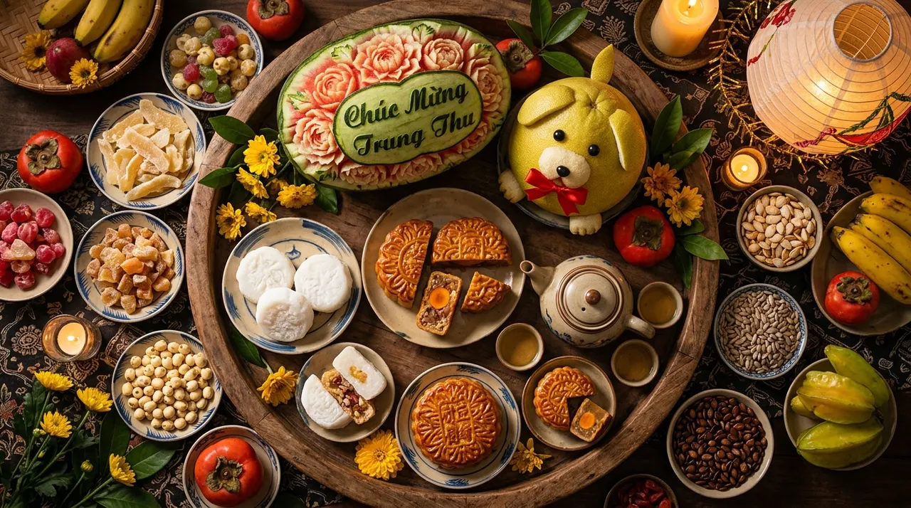 Mâm cỗ Trung thu truyền thống với bánh trung thu, bưởi và dưa hấu tỉa hoa