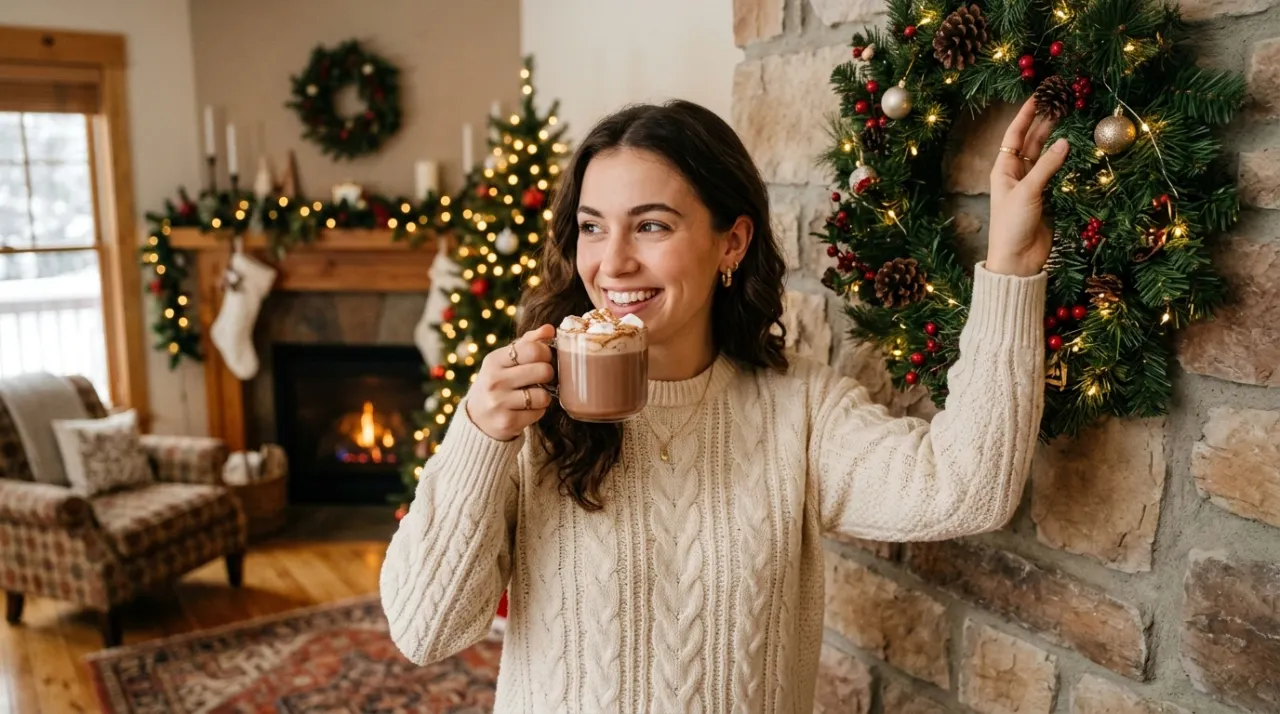 Người mẫu tạo dáng tự nhiên khi đưa tách cocoa lên miệng, tay chỉnh vòng nguyệt quế